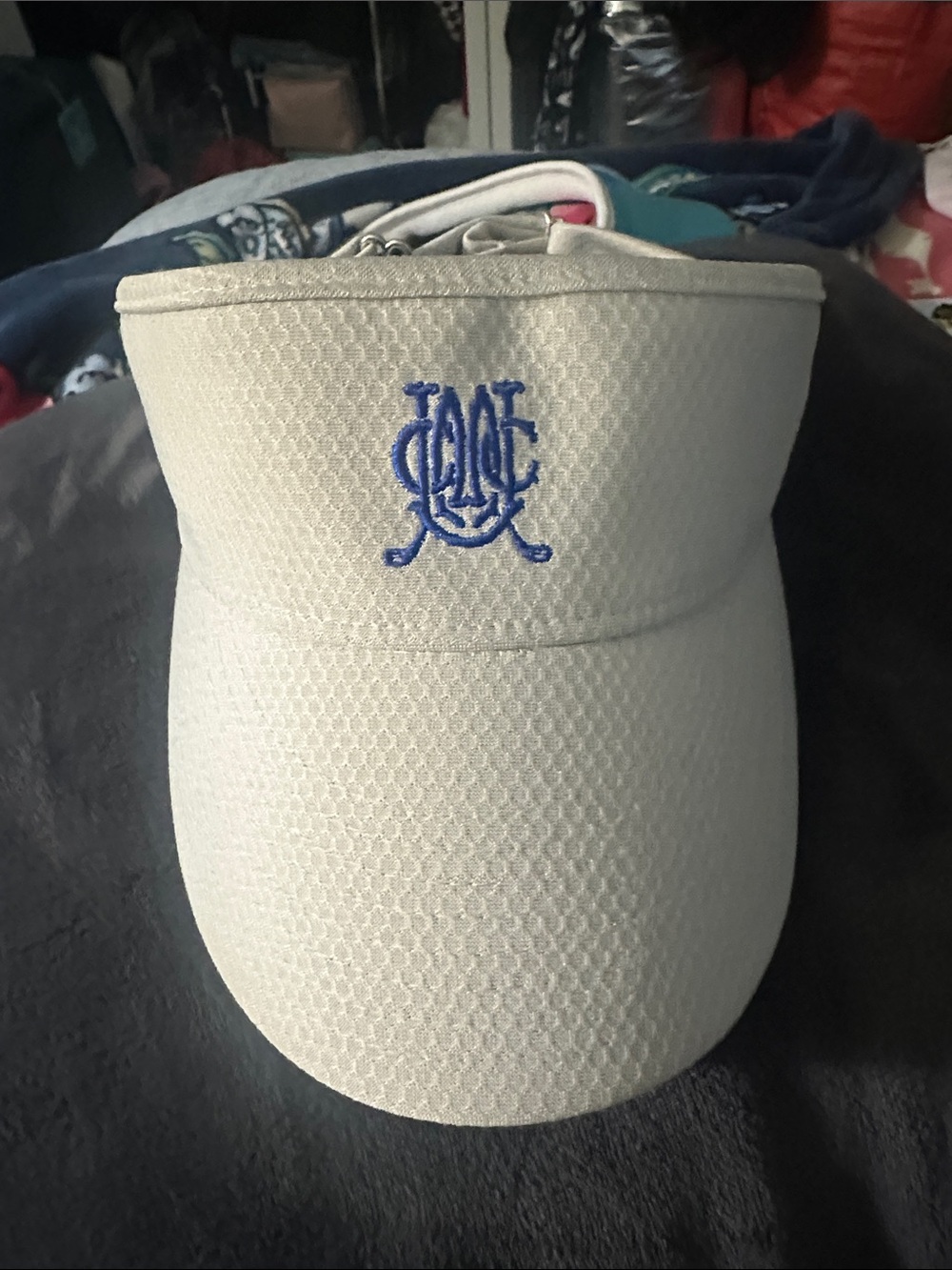 Light Tan Visor with Blue Embroidered Monogram